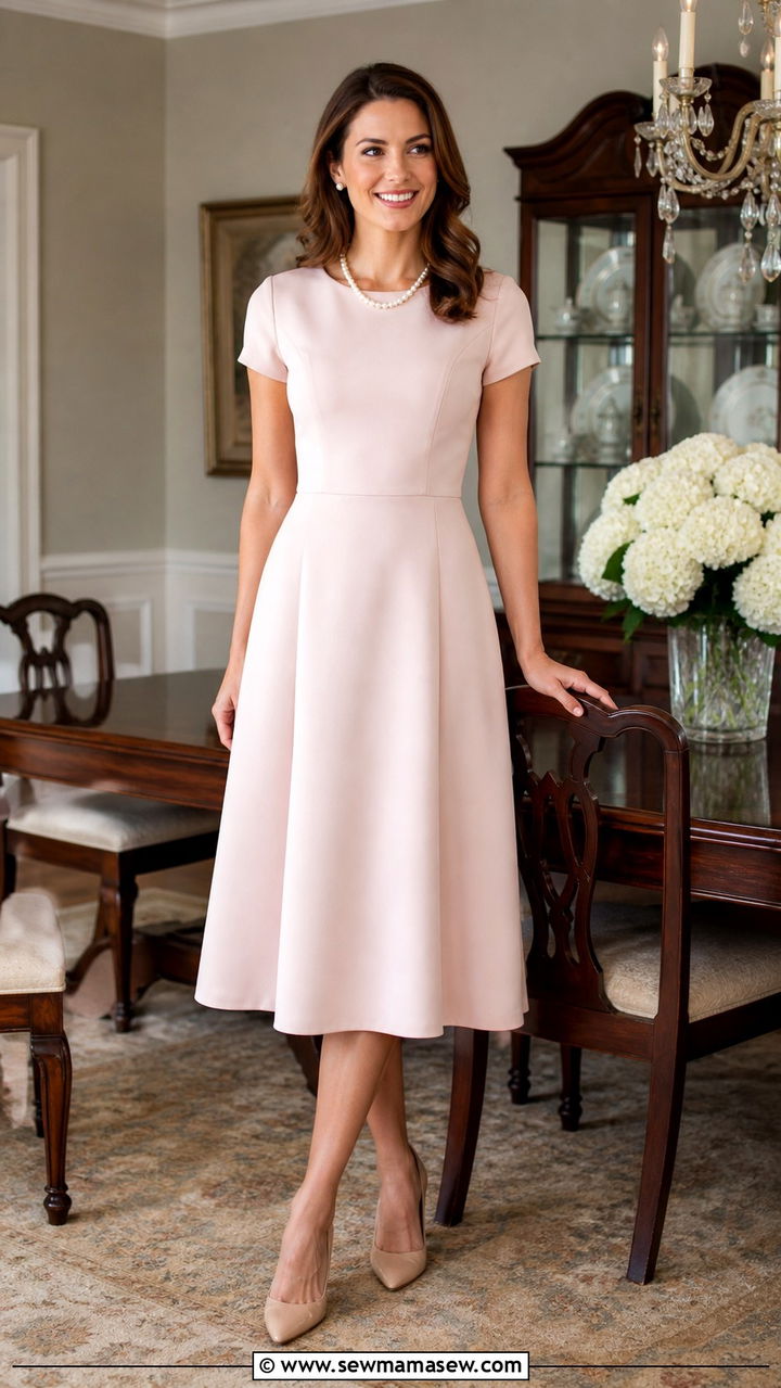 A Line Dress with Pearl Jewelry - 40 classy dinner outfit ideas