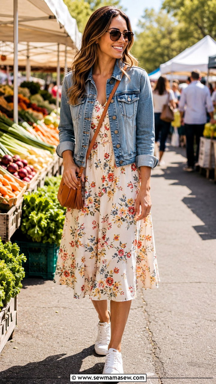 A Line Floral Dress With Denim Jacket Spring - 20 spring outfits for women with tummy