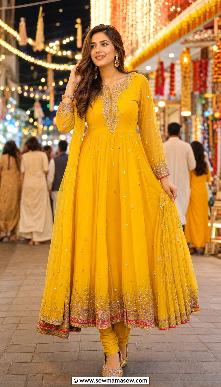 A Line Frock with Embroidered Khussas - 25 Eid outfit ideas Pakistani