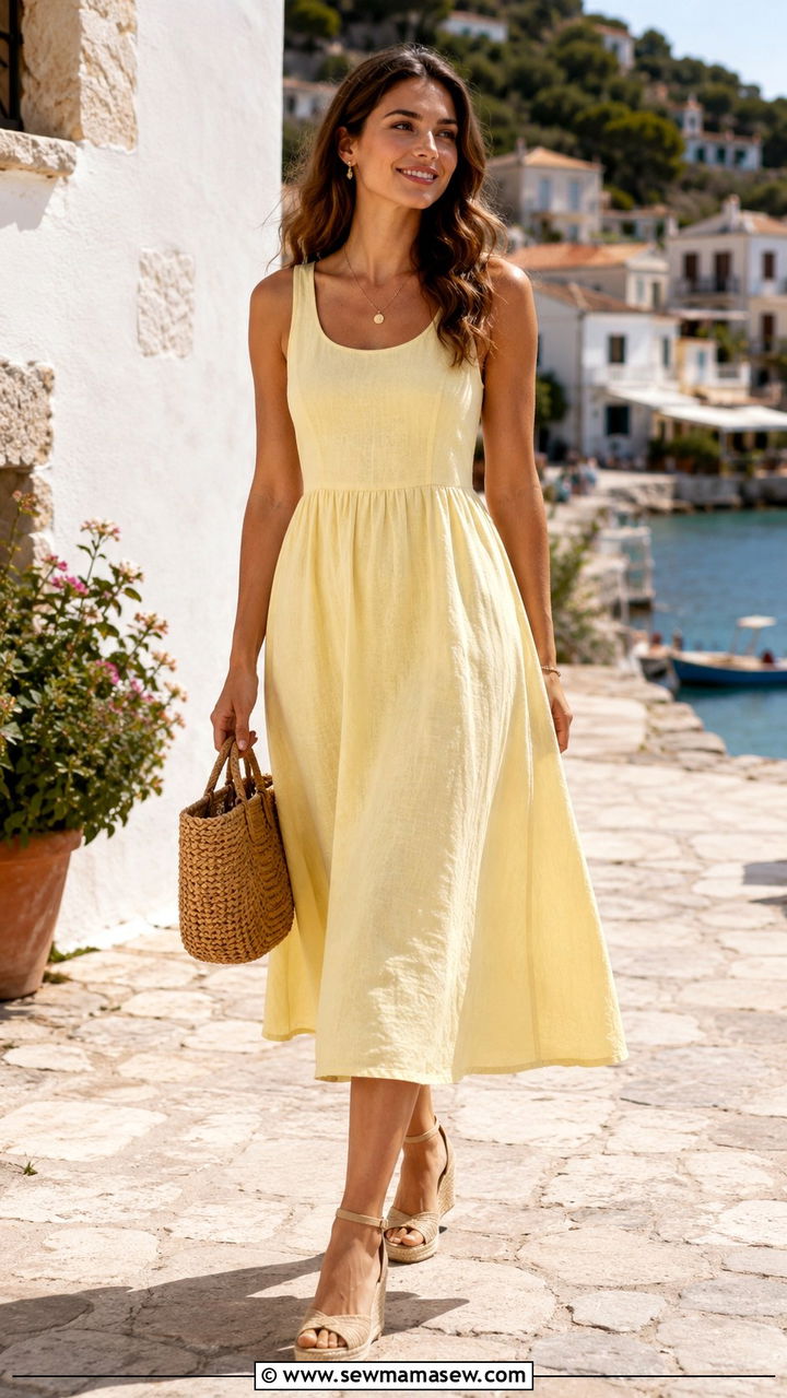 A Line Linen Dress and Espadrille Wedges - 30 Outfit ideas for broad shoulders