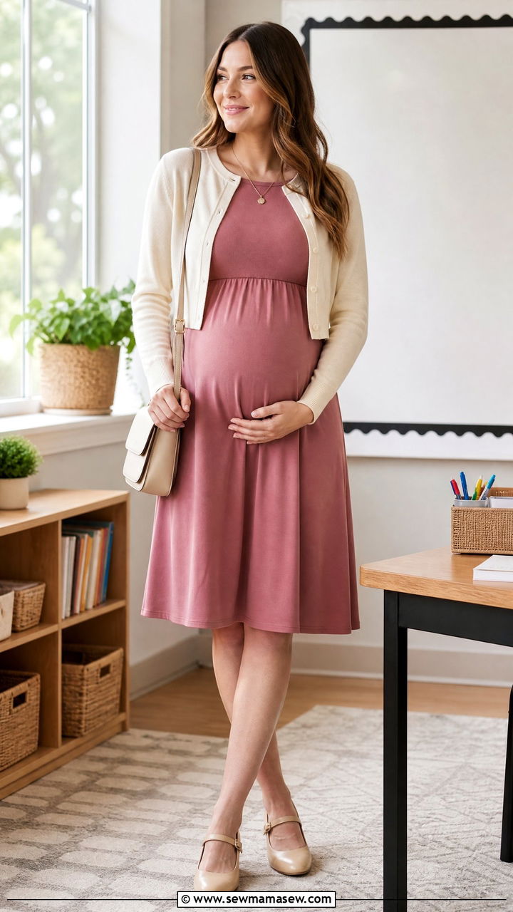 A Line Maternity Dress with Cropped Cardigan - 30 Maternity work outfit ideas