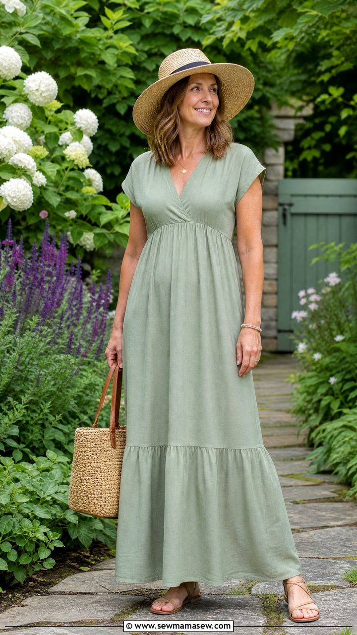 A Line Maxi Dress and Strappy Flat Sandals - 25 bridal shower outfits for women over 40