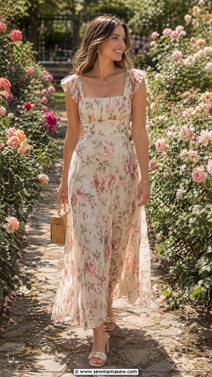 A Line Maxi Dress for Garden Wedding - 35 Destination wedding guest outfit ideas
