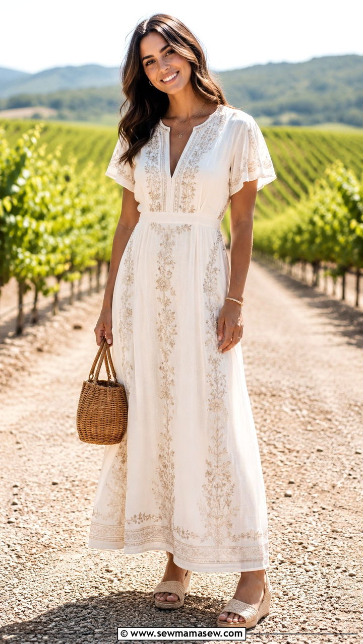 A Line Maxi Dress with Embroidered Details - 30 modest summer wedding guest outfit ideas