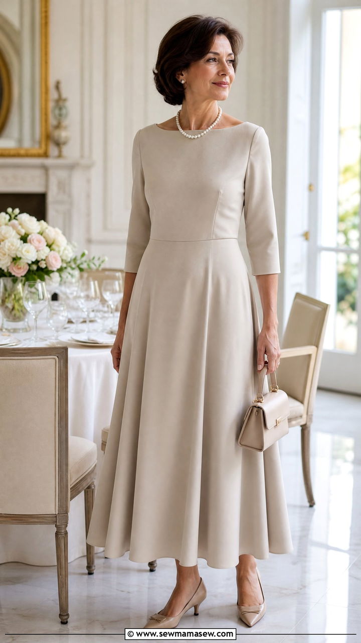 A Line Maxi Dress with a Pearl Necklace and Low Kitten Heels - 30 Maxi dress for women over 50 outfit ideas