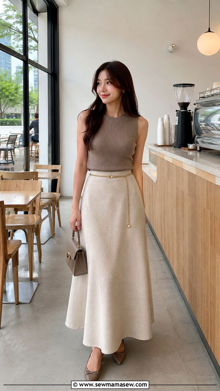A Line Maxi Skirt With Ribbed Knit Top - 25 Petite outfit ideas with maxi skirt