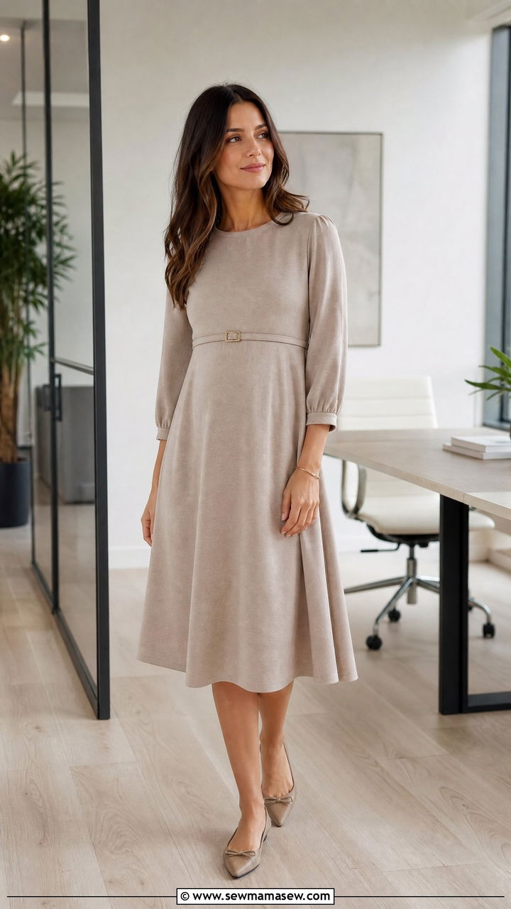 A Line Midi Dress With A Belt Above The Bump - 25 Maternity outfit ideas hiding bump