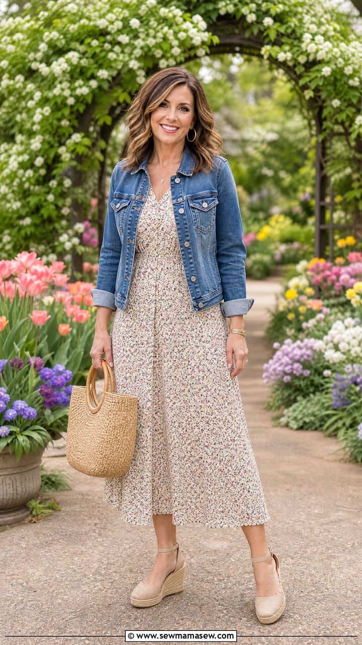 A Line Midi Dress With A Denim Jacket - 35 Middle aged woman outfit ideas