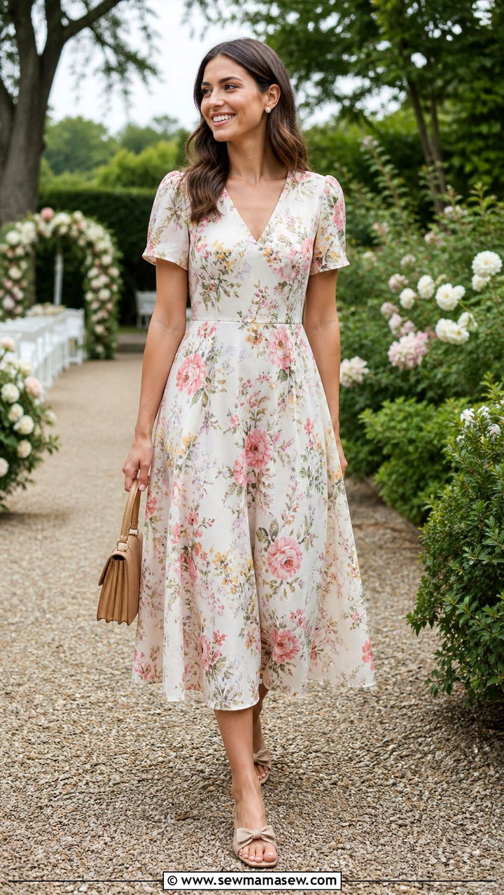 A Line Midi Dress With Bow Sandals - 40 Garden wedding guest outfit ideas