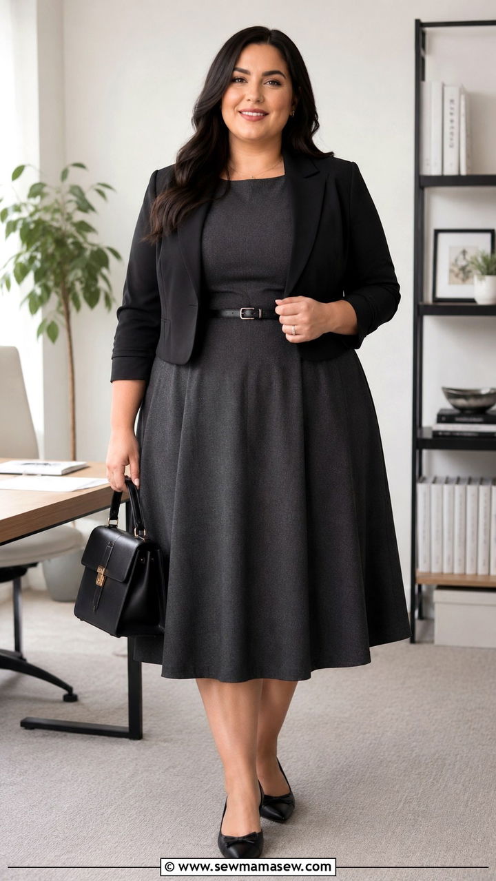 A Line Midi Dress With Cropped Blazer and Pointed Toe Flats - 30 plus size job interview outfit ideas