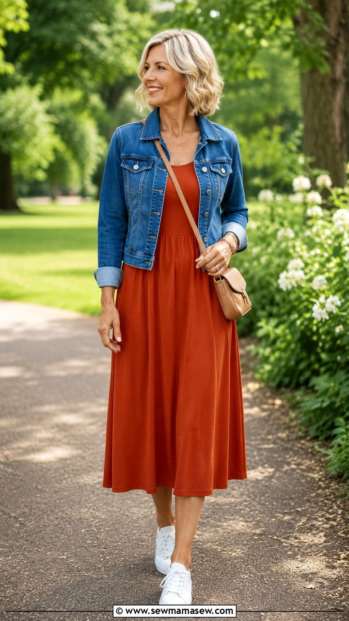 A Line Midi Dress With Denim Jacket - 25 Apple shape outfits for women over 40