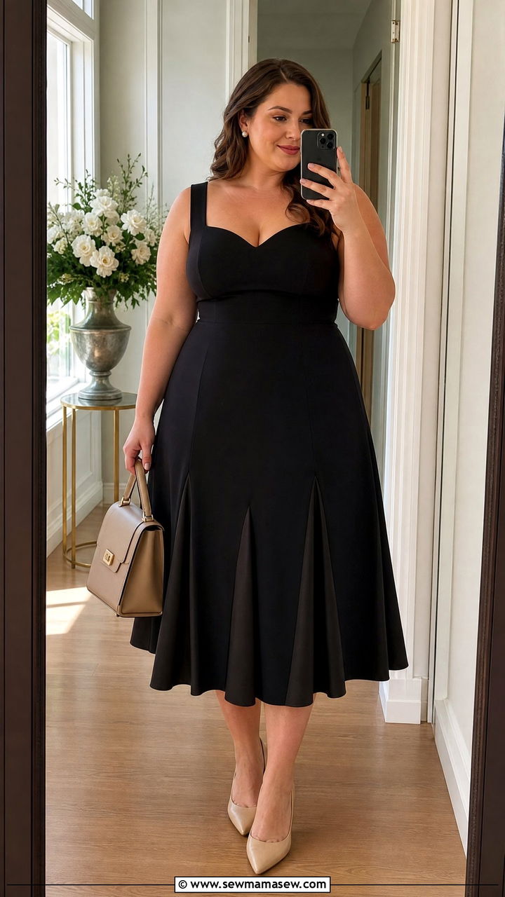 A Line Midi Dress With Godets And Classic Pumps - 30 Party outfits for plus size