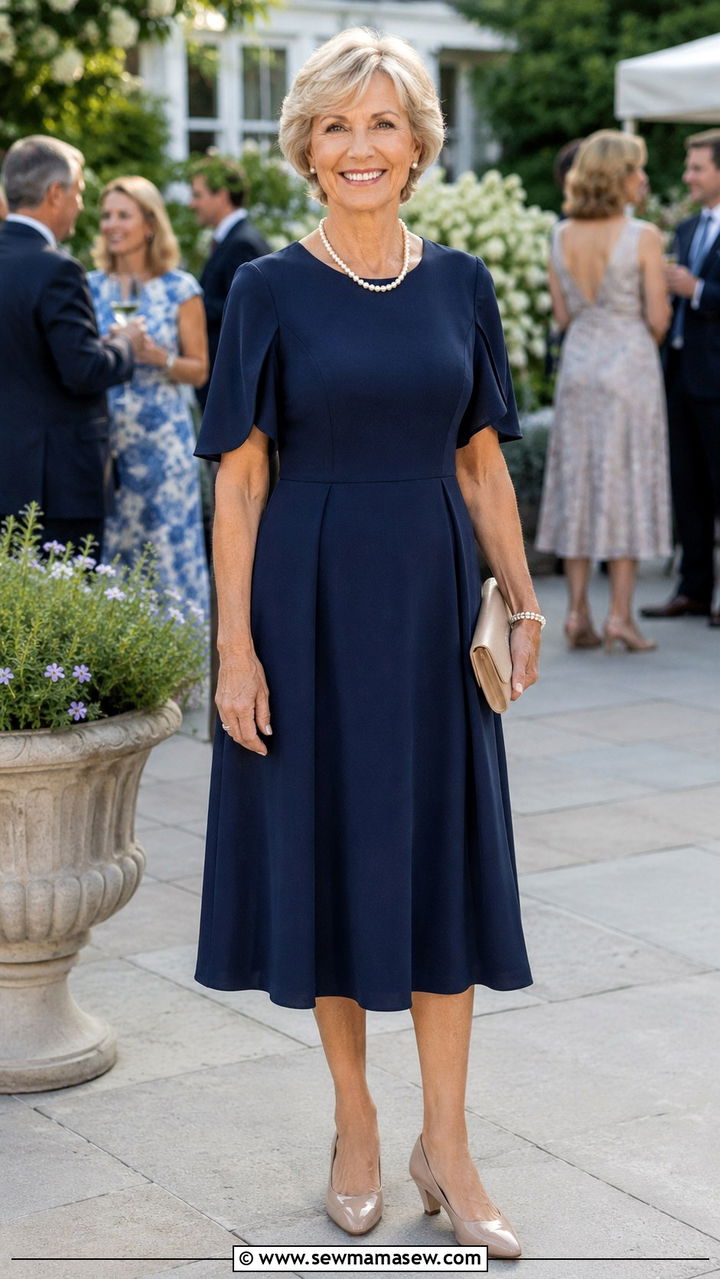 A Line Midi Dress With Pearl Necklace - 30 Party outfits for women over 60