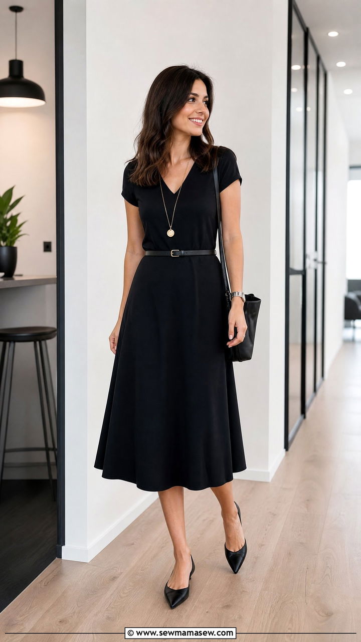 A Line Midi Dress With Pointed Flats - 25 Outfit ideas to look slimmer