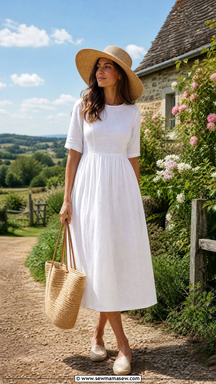 A Line Midi Dress With Straw Hat - 30 Summer capsule wardrobe modest