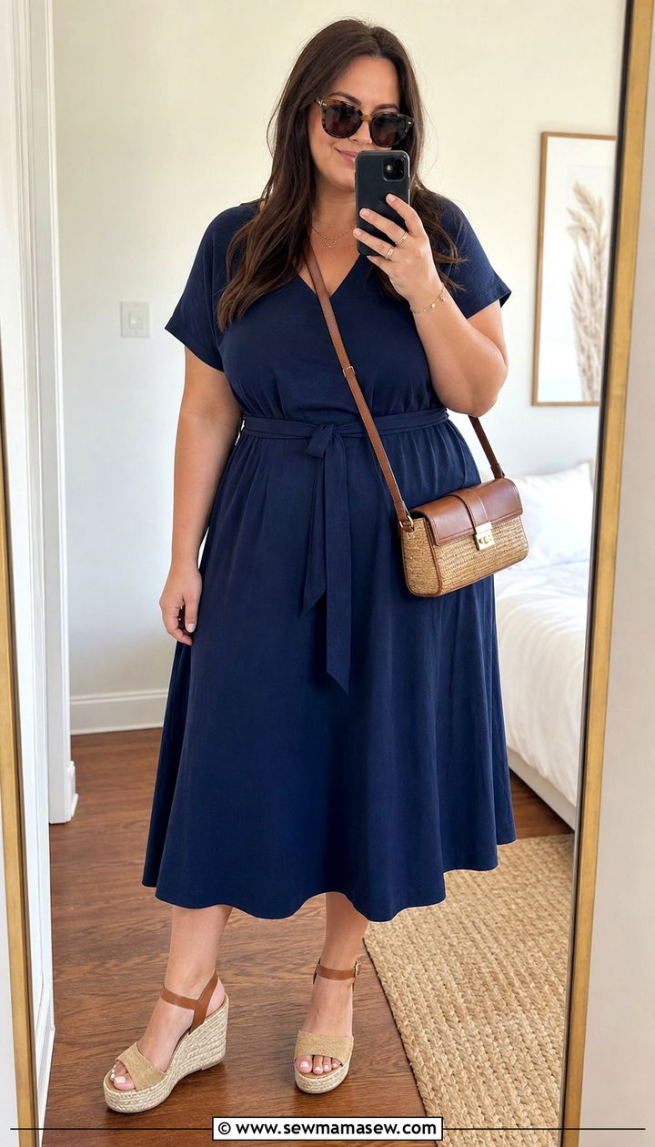 A Line Midi Dress With Wedge Espadrilles - 25 summer outfits for women with tummy