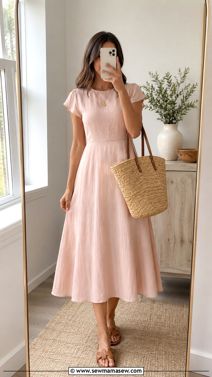 A Line Midi Dress With Woven Tote Bag - 25 Modest outfit ideas summer 2026