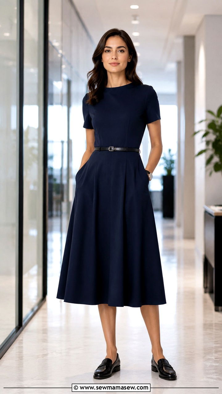 A Line Midi Dress and Classic Loafers - 25 Midi dress with loafers outfit ideas