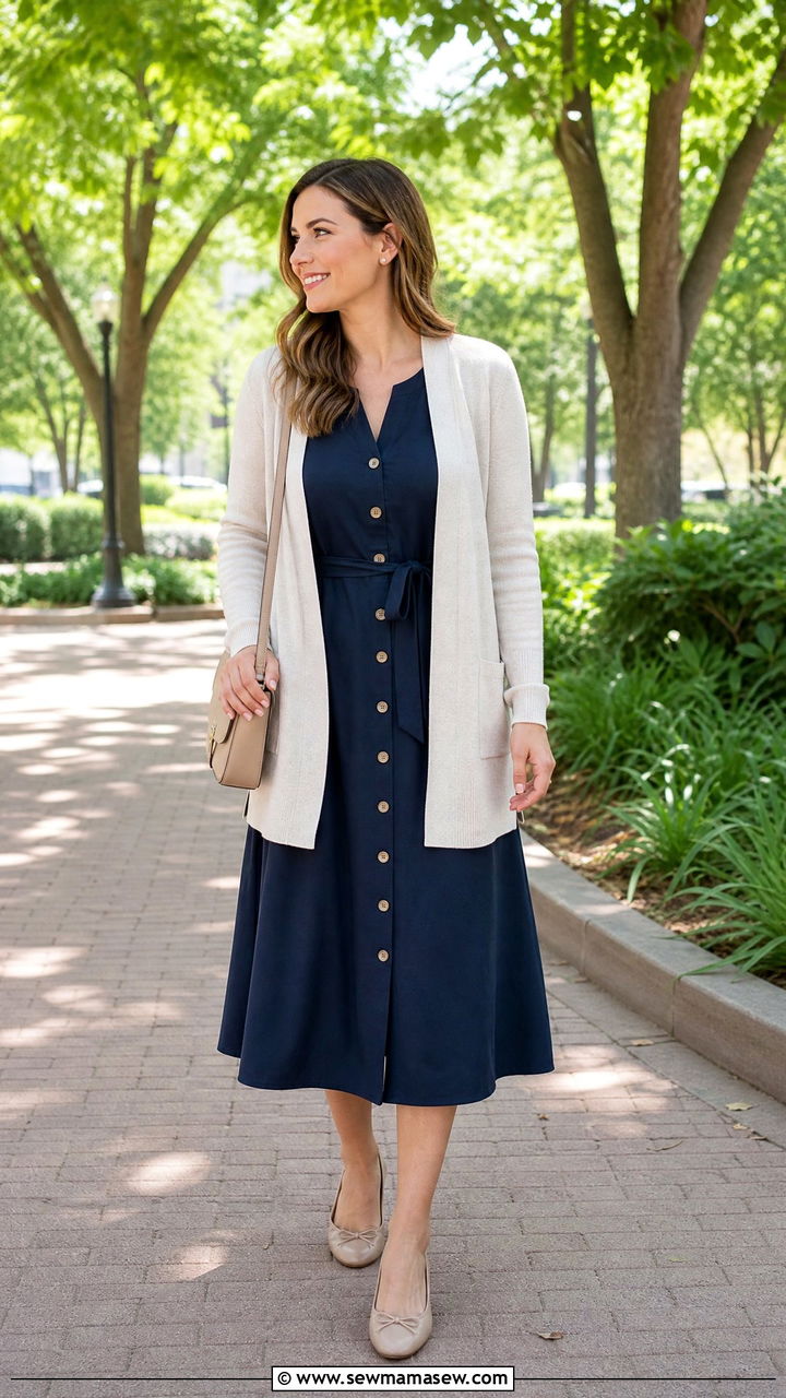 A Line Midi Dress and Lightweight Cardigan Outfit - 25 work outfits for new moms