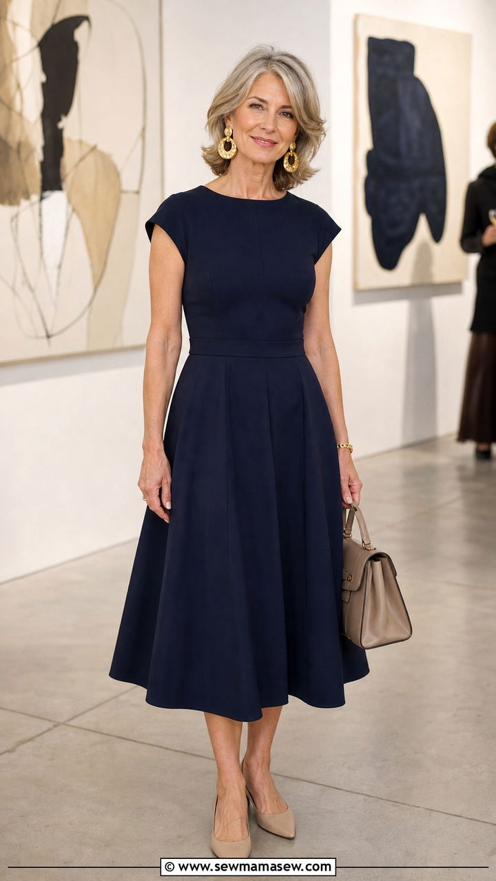 A Line Midi Dress and Statement Earrings - 40 How to dress in your 50s