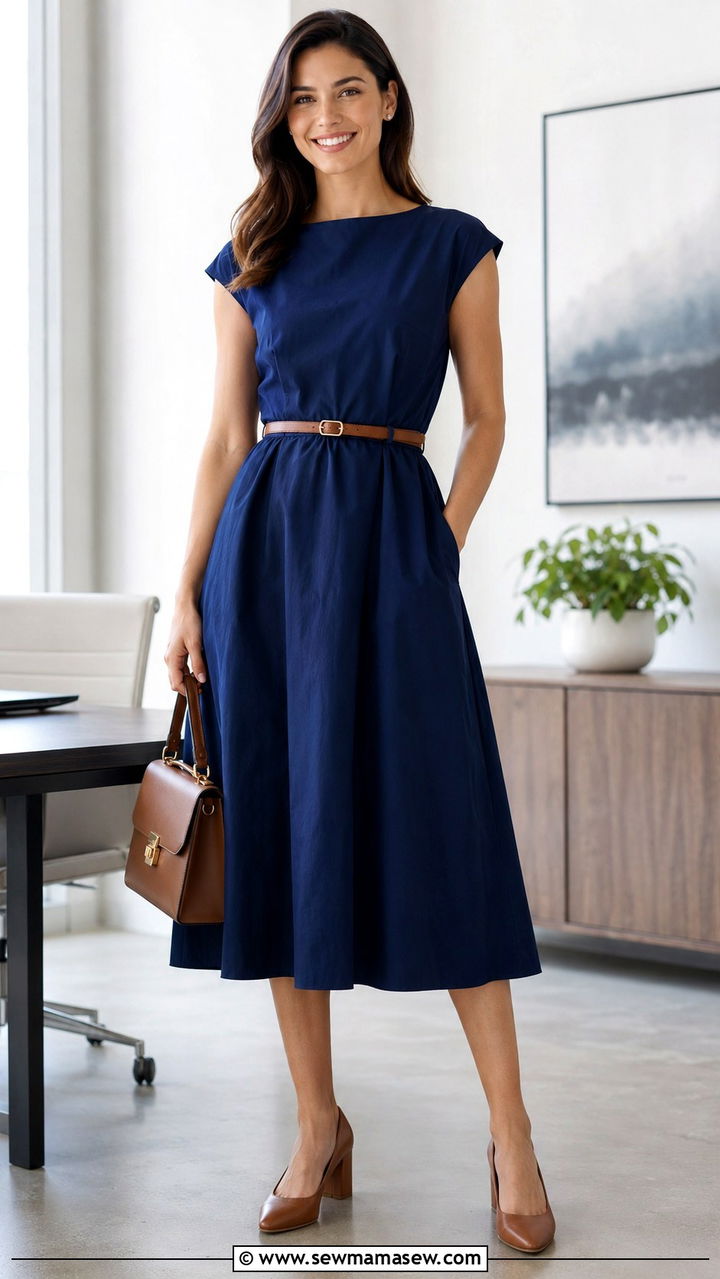 A Line Midi Dress with Block Heel Pumps - 25 Outfit ideas for apple shape 2026