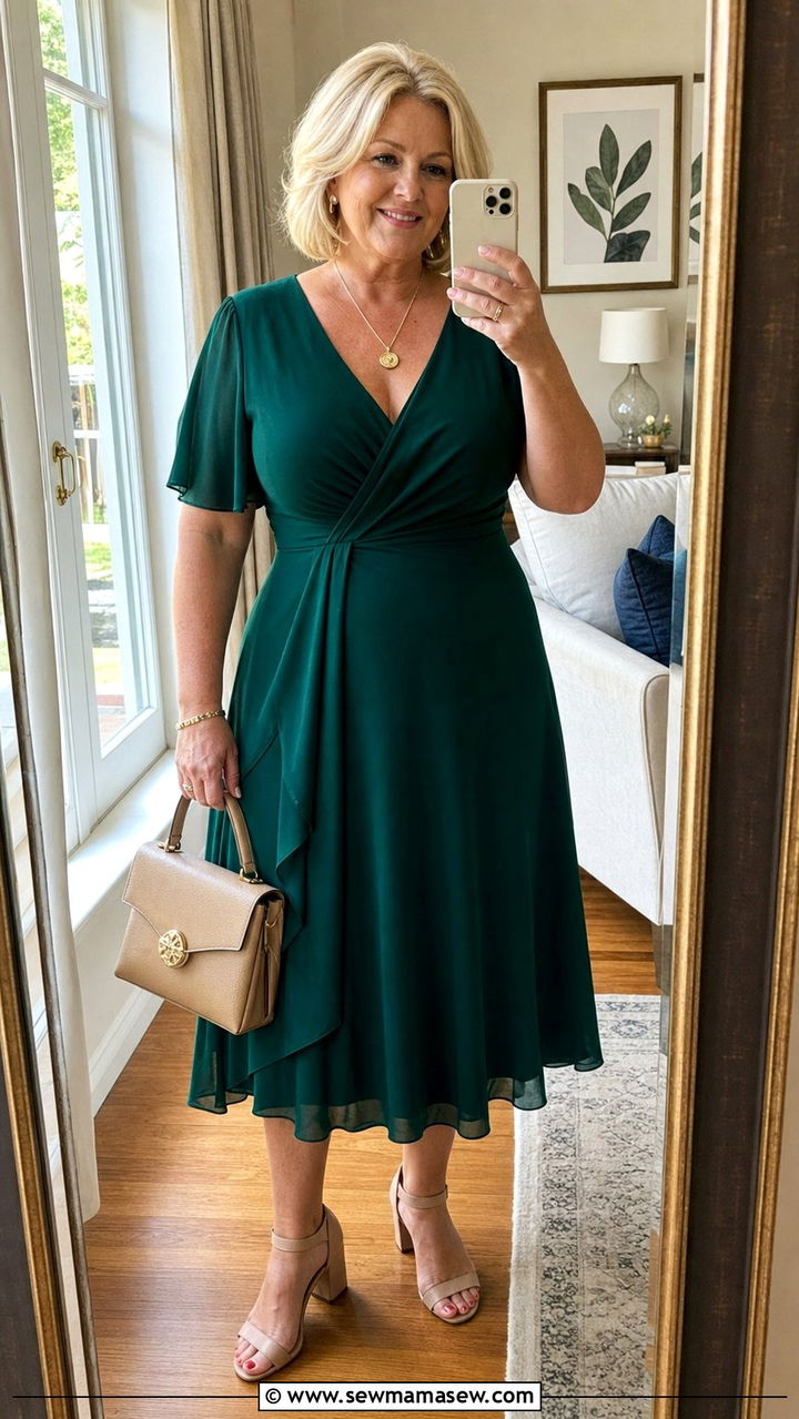 A Line Midi Dress with Block Heels - 25 Curvy outfits for women over 50