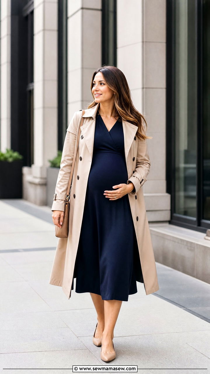 A Line Midi Dress with Double Breasted Trench Coat - 30 Maternity outfit ideas corporate