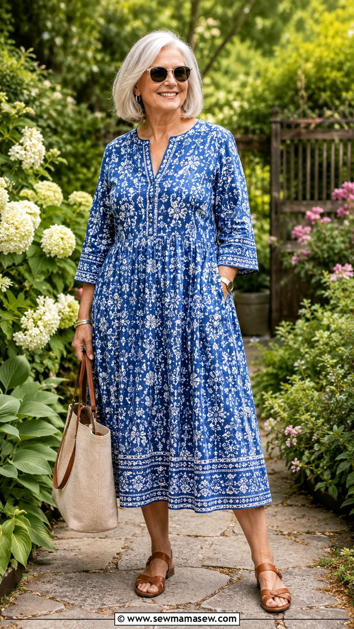 A Line Midi Dress with Flat Sandals Over 70 - 25 Plus size outfit ideas for women over 70