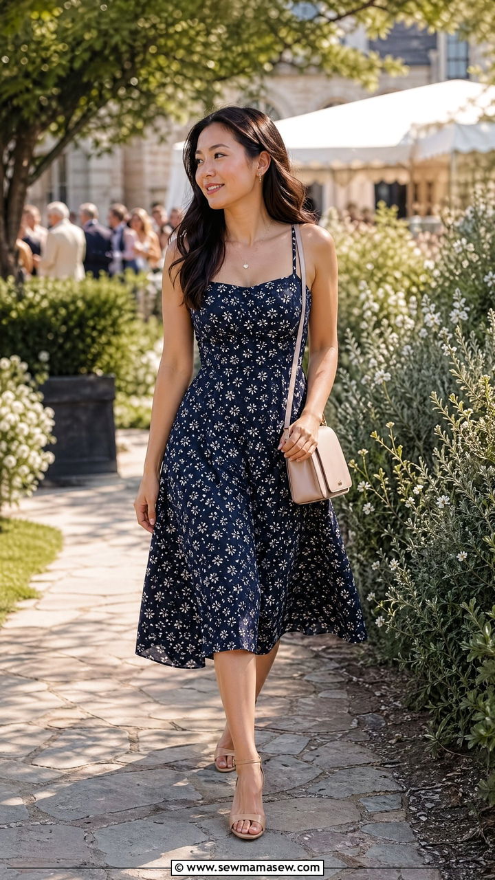 A Line Midi Dress with Low Block Heels - 35 Dressy summer outfits