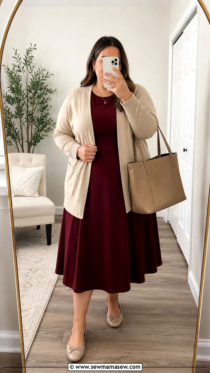A Line Midi Dress with Open Cardigan - 30 Office outfit ideas plus size