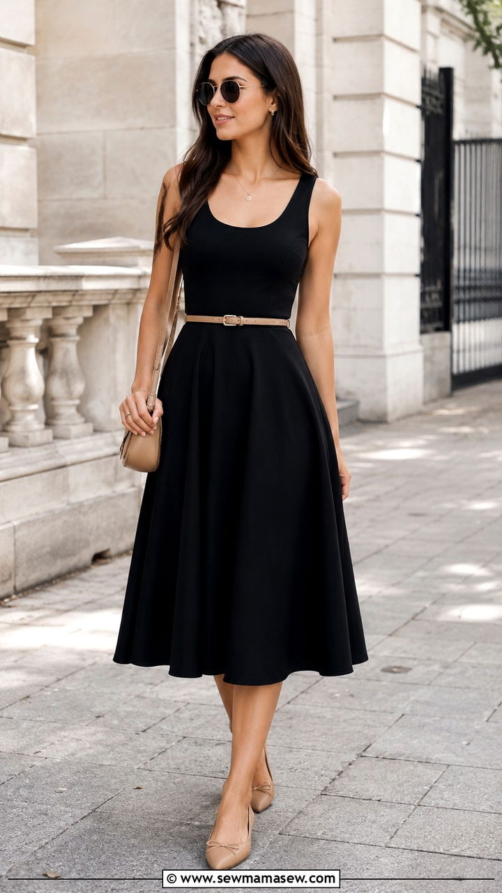 A Line Midi Dress with Pointed Toe Flats - 25 Outfits that flatter the midsection
