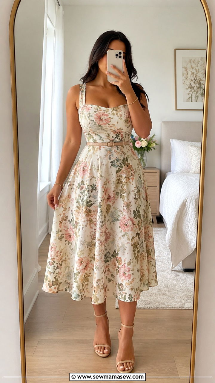 A Line Midi Dress with Strappy Heels - 25 Outfit ideas for big bust and small waist