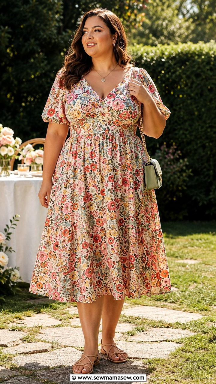 A Line Midi Dress with Strappy Sandals - 25 Plus size outfit ideas for 14-16