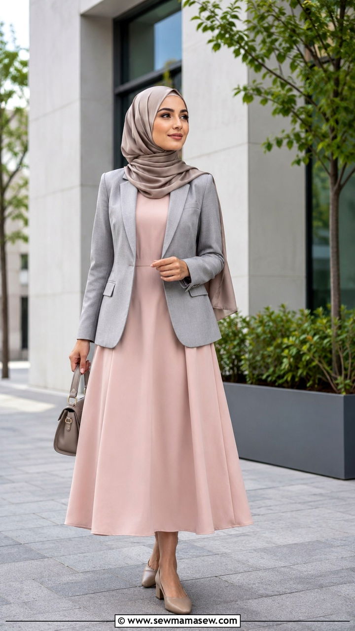 A Line Midi Dress with Structured Blazer - 25 work outfits for hijab women