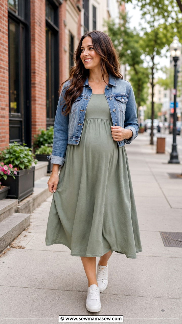 A Line Midi Dress with a Denim Jacket and Comfortable Sneakers - 20 Postpartum outfit ideas still looks pregnant