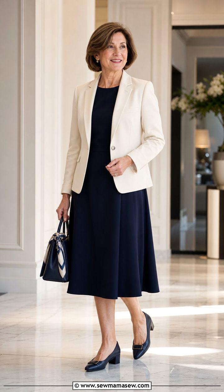 A Line Midi Dress with a Structured Blazer and Block Heels - 25 Family reunion outfit ideas for women over 50