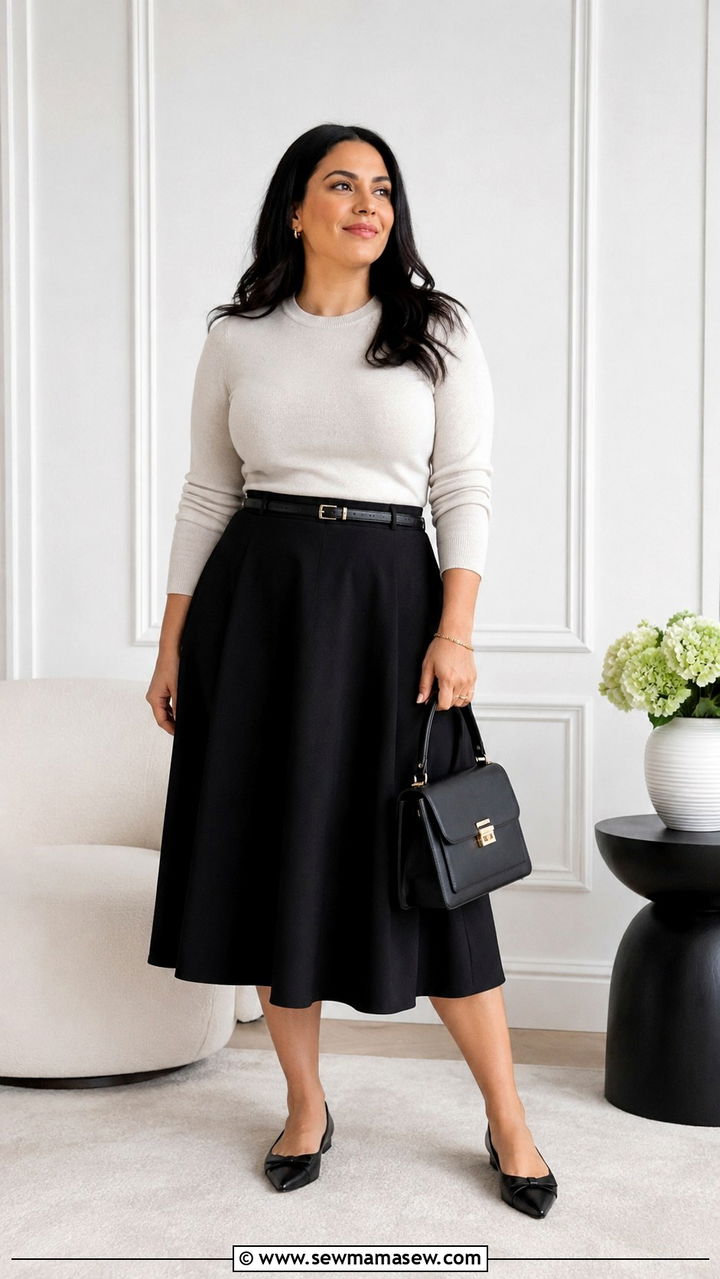 A Line Midi Skirt And Fitted Knit Top - 30 Minimalist outfits for curvy women