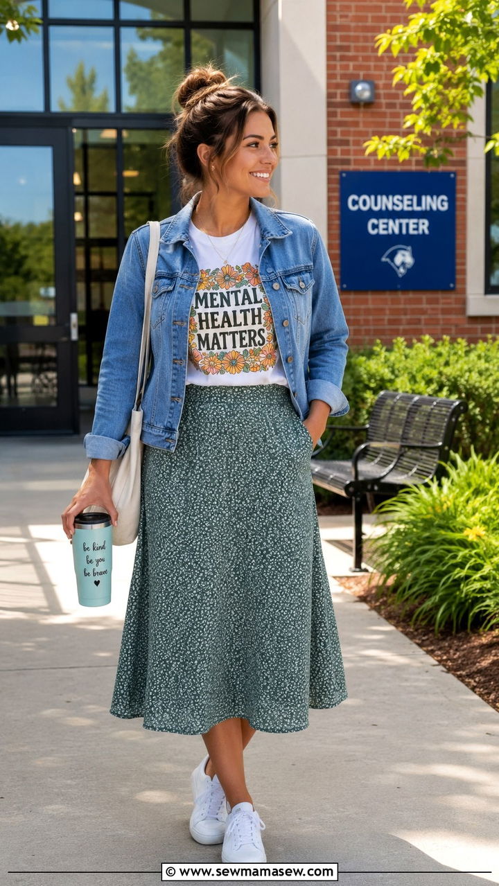 A Line Midi Skirt Graphic Tee Denim Jacket White Sneakers - 30 School counselor outfit ideas