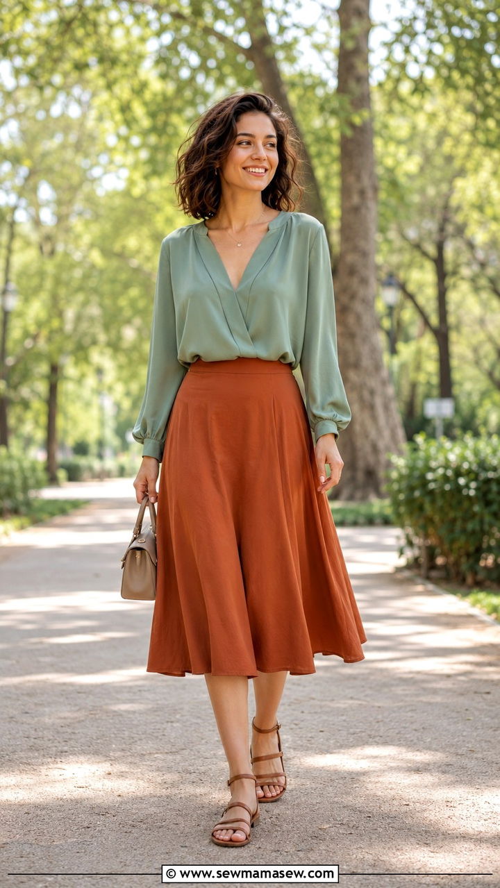 A Line Midi Skirt With Draped Blouse - 20 Outfit ideas for inverted triangle body