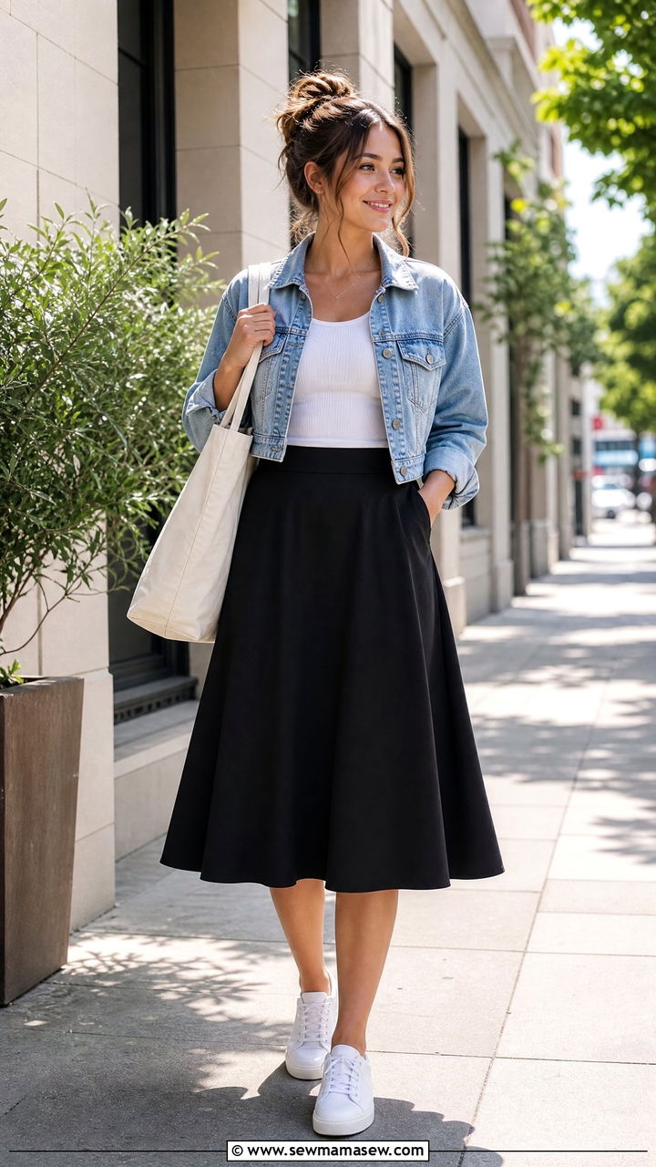 A Line Midi Skirt With Fitted Tank and Denim Jacket - 25 casual outfits for hourglass body