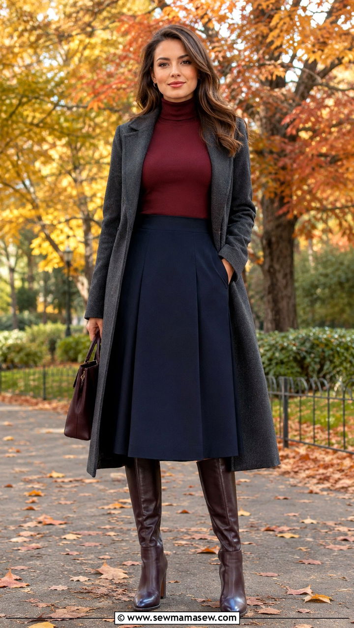 A Line Midi Skirt With Fitted Turtleneck - 30 Office outfits with midi skirt
