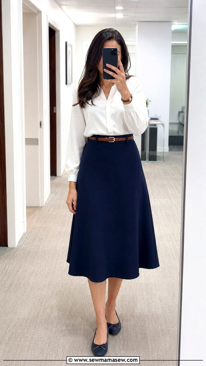 A Line Midi Skirt With Long Sleeve Blouse Outfit - 30 modest office outfit ideas