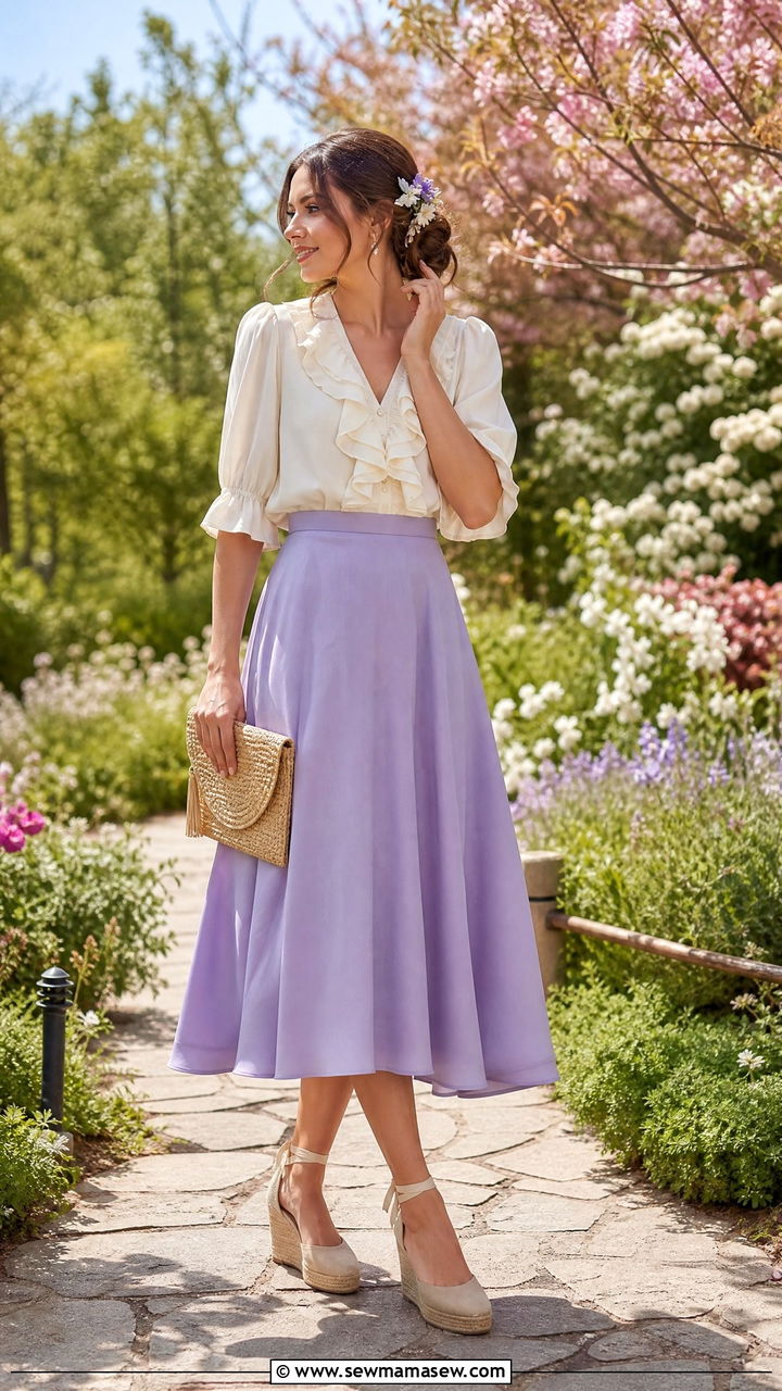 A Line Midi Skirt With Ruffled Blouse for Garden Wedding - 25 How to style a midi skirt for a wedding