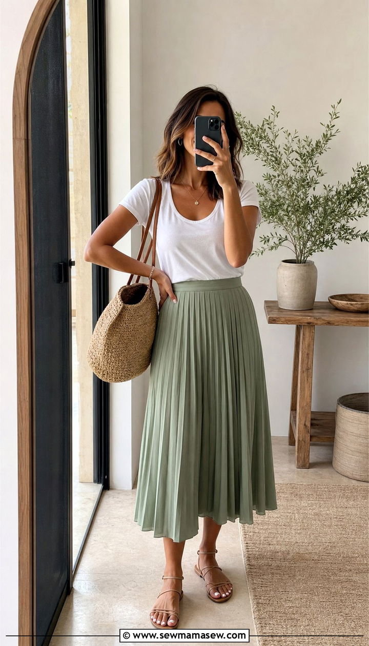 A Line Midi Skirt With Scoop Neck Tee - 25 summer outfits for inverted triangle body