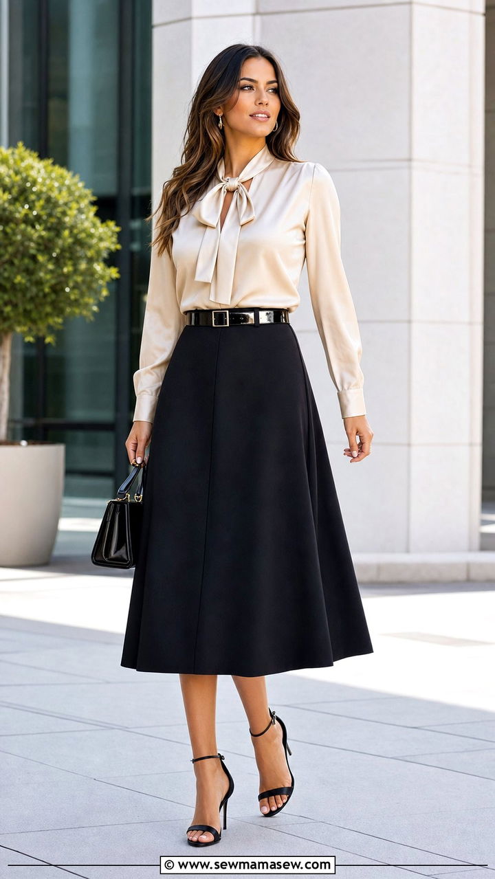 A Line Midi Skirt With Silk Blouse - 25 classy outfits for women with wide hips
