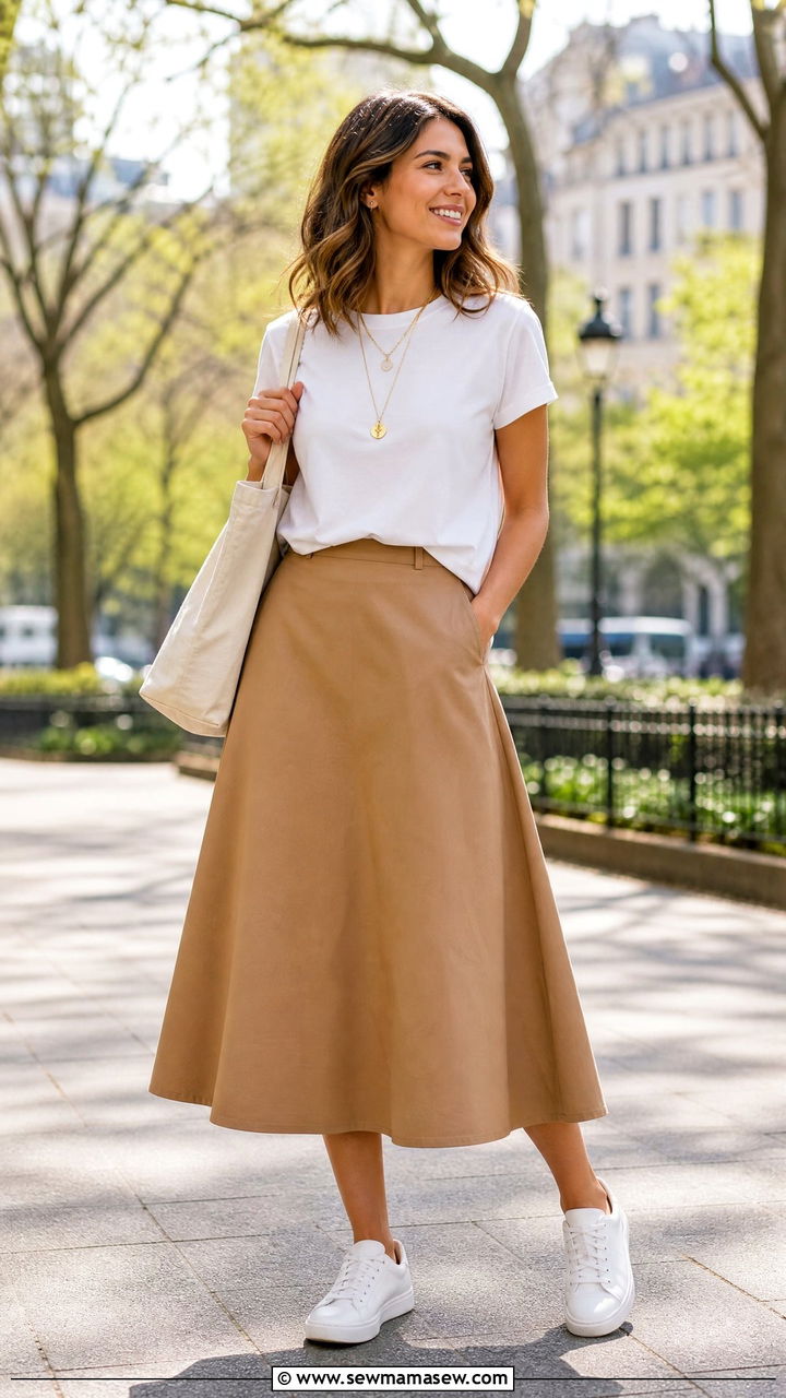 A Line Midi Skirt With Sneakers - 35 midi skirt outfit ideas for women
