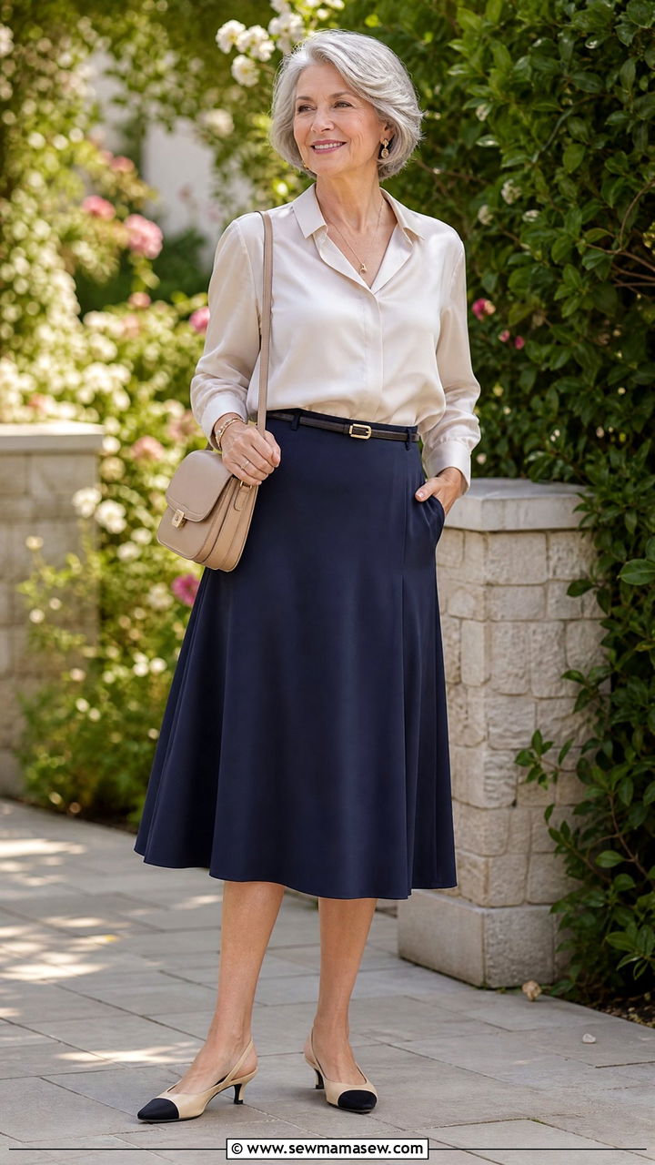 A Line Midi Skirt With Tucked In Blouse Outfit - 25 Midsize outfits for women over 60