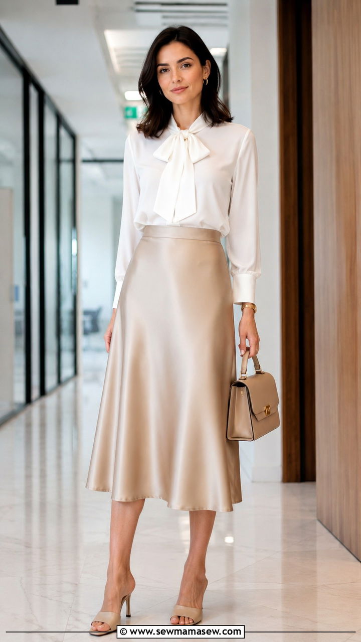 A Line Midi Skirt With Tucked In Blouse Rectangle Body - 30 Outfit ideas for rectangle body