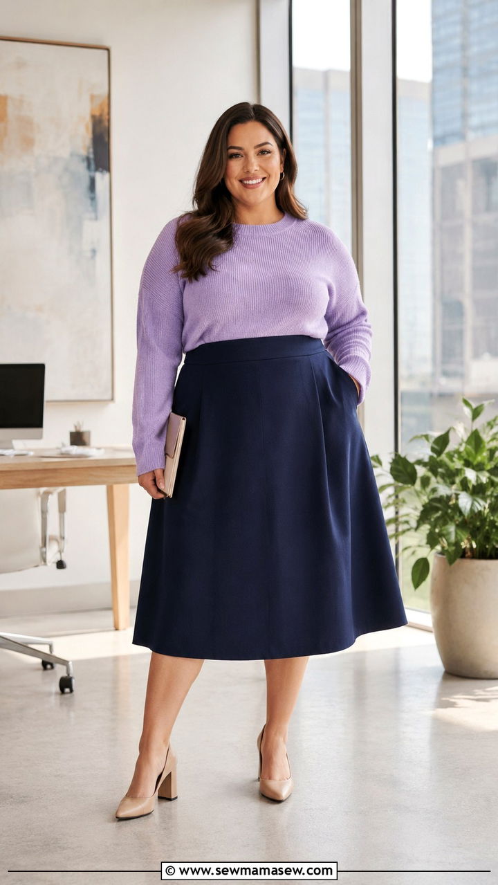 A Line Midi Skirt With Tucked In Knit And Block Heels - 30 Plus size office outfits