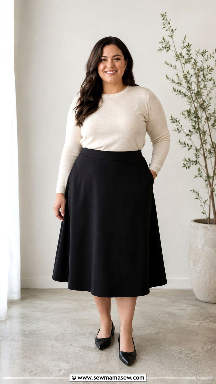 A Line Midi Skirt With Tucked In Lightweight Knit - 25 Plus size work outfit ideas 2026